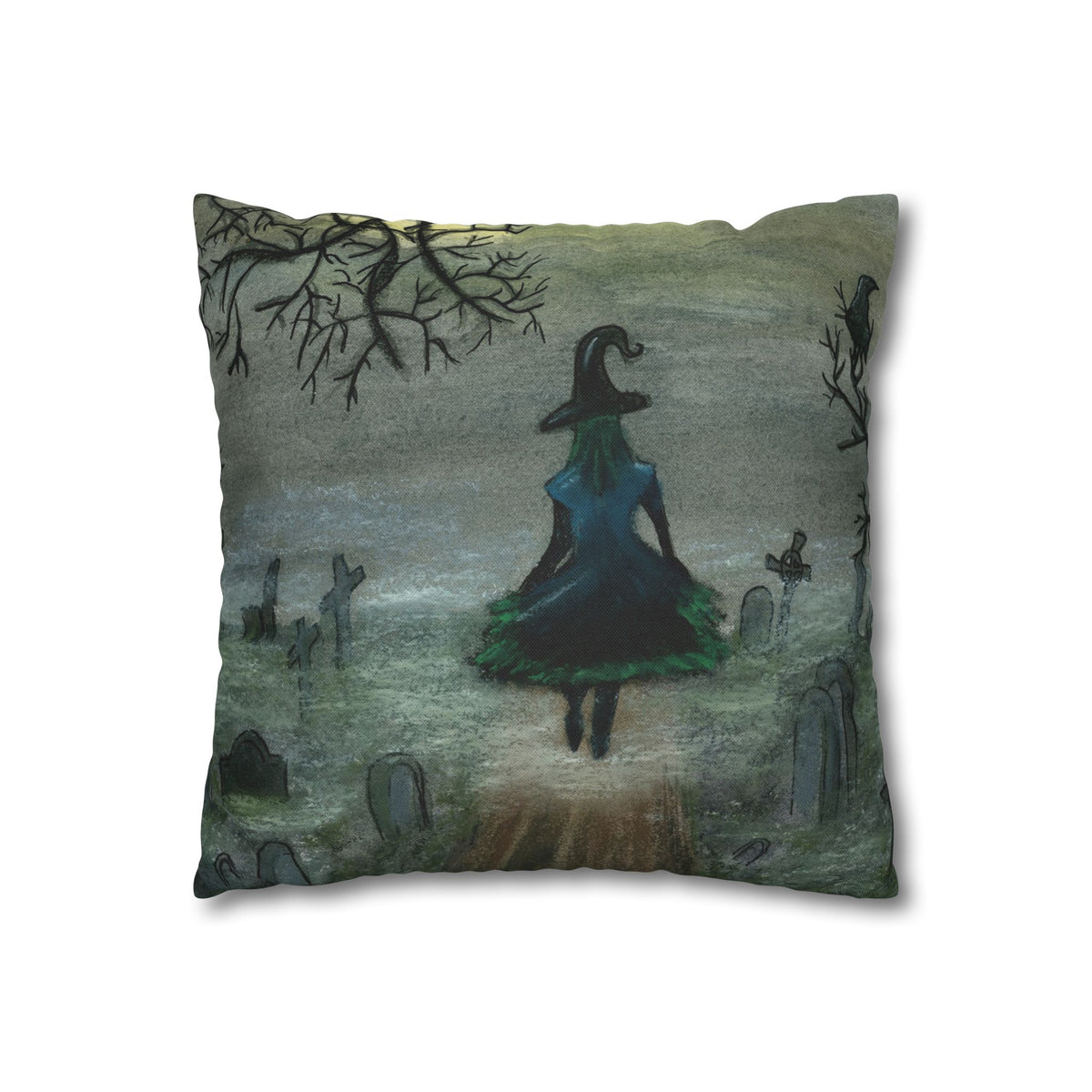Witch Silhouette Spun Polyester Pillow - Haunted Graveyard Halloween Decor