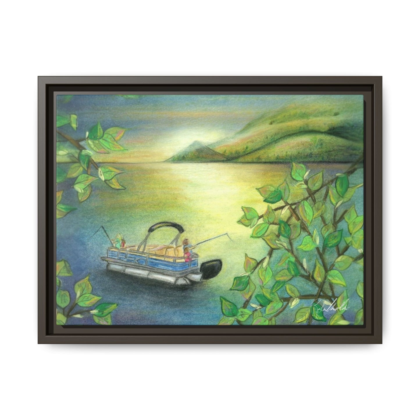 Pontoon Boat on Lake Framed Wall Art