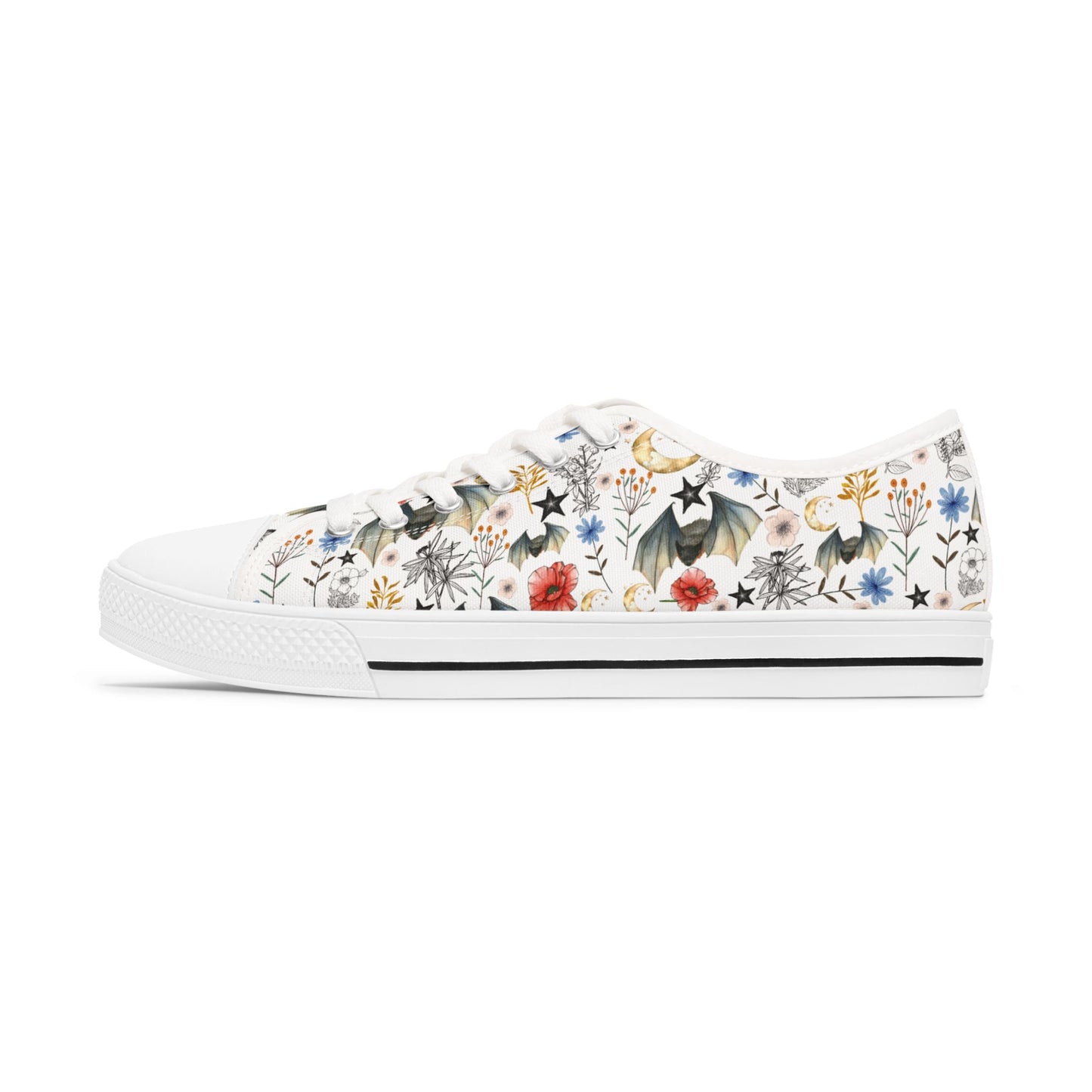Floral Constellation Bat Low-Top Sneakers — Women's Casual Garden Print Shoes