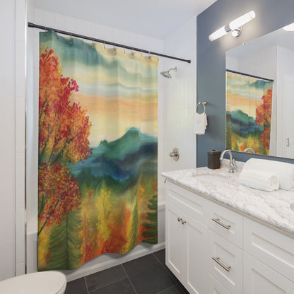 Autumn Mountain Landscape Shower Curtain — Watercolor Fall Trees Bathroom Decor