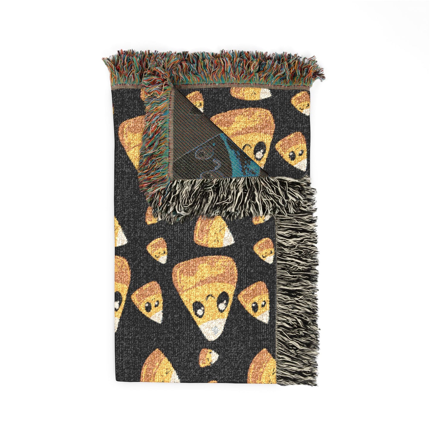 Candy Corn Emoji Woven Blanket — Halloween Cozy Throw with Playful Candy Corn Pattern