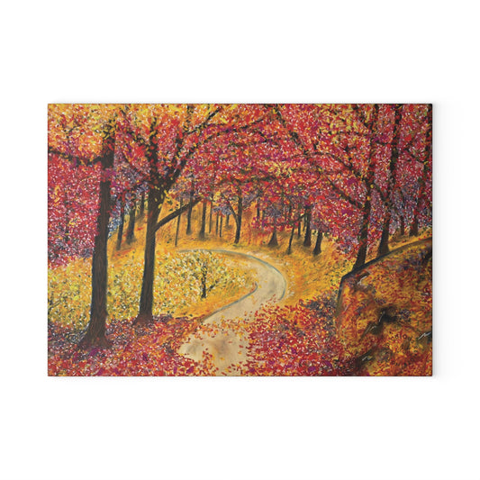 Autumn Forest Glass Cutting Board – Scenic Fall Trees Kitchen Decor