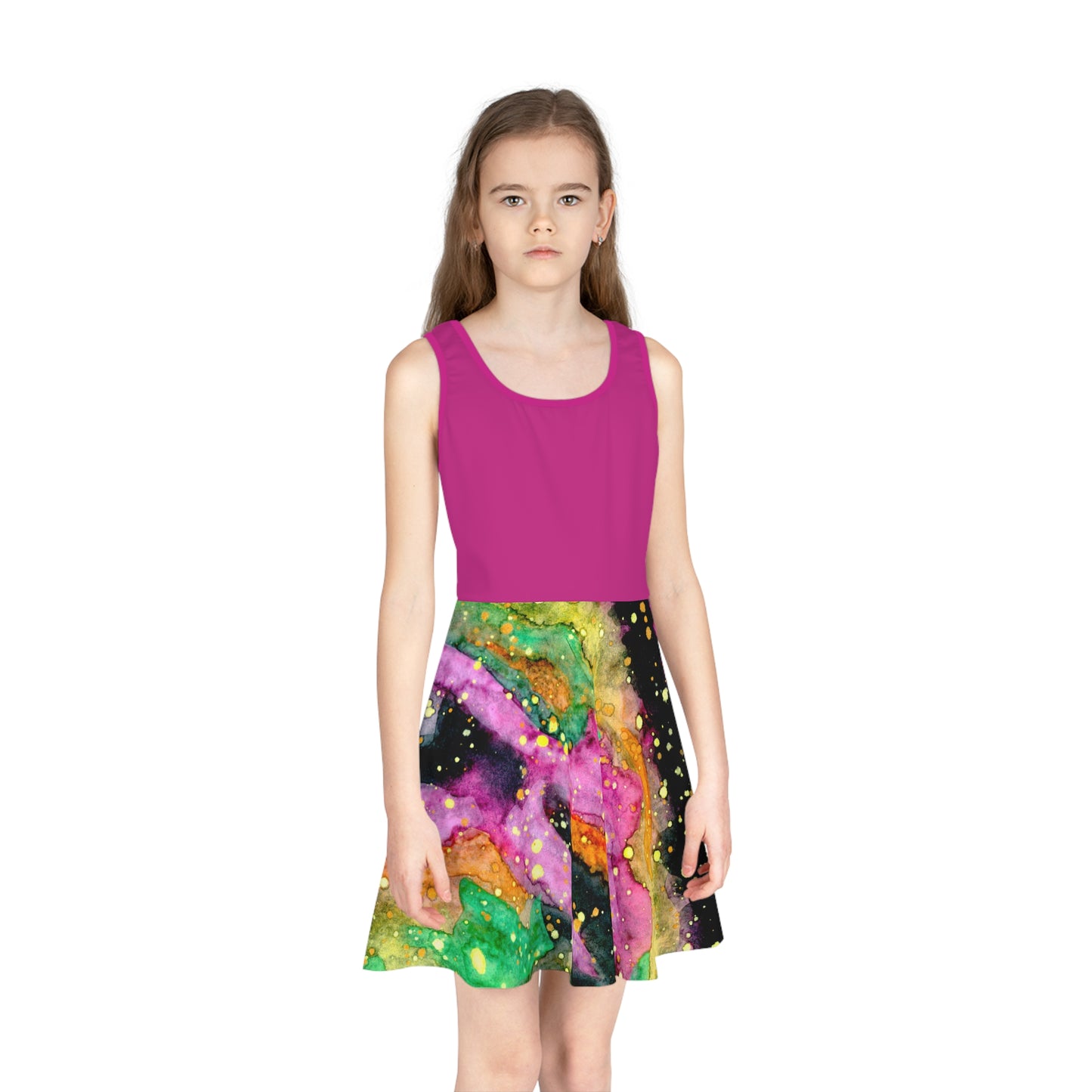 Pink Top Neon Galaxy Girls' Sleeveless Sundress (AOP)