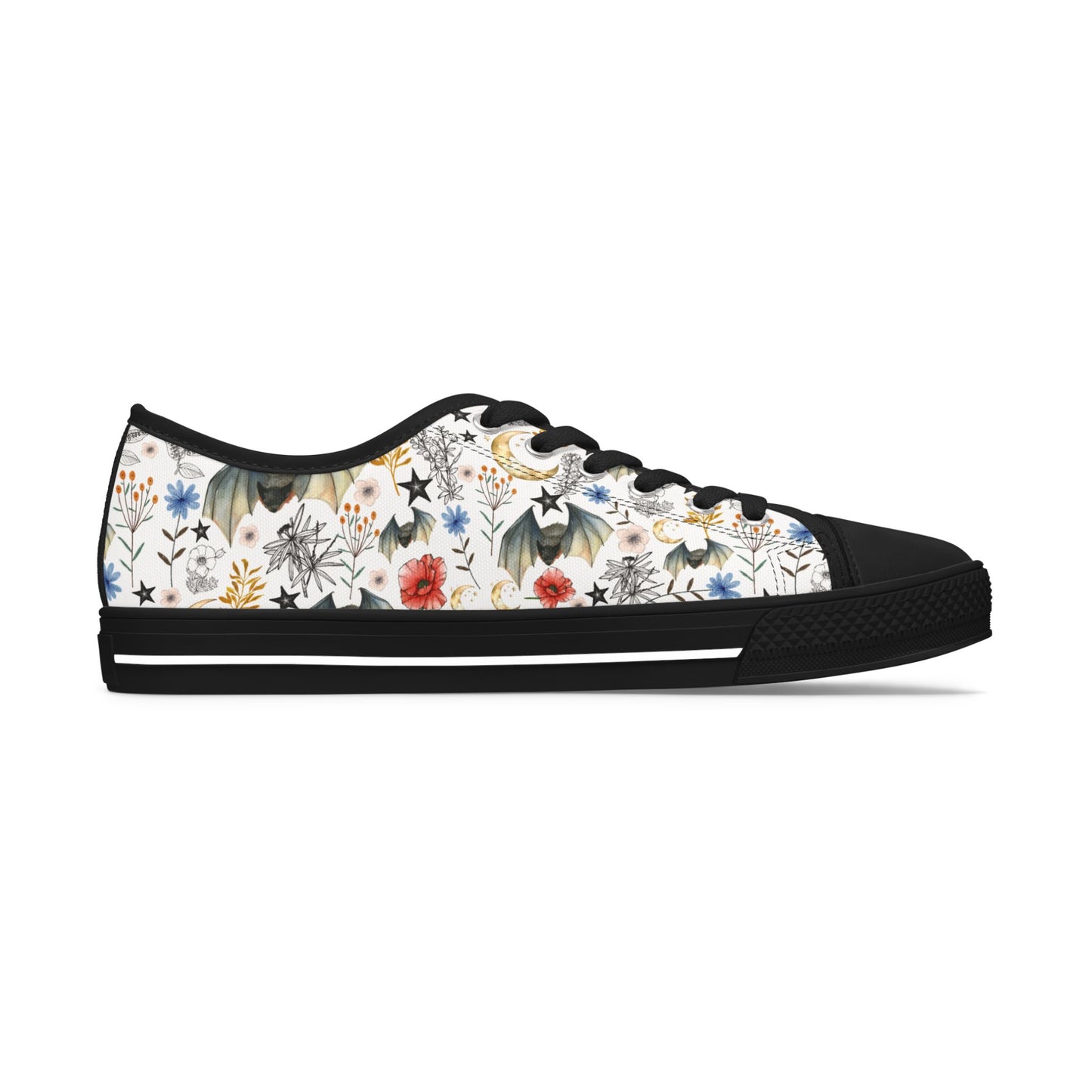 Floral Constellation Bat Low-Top Sneakers — Women's Casual Garden Print Shoes