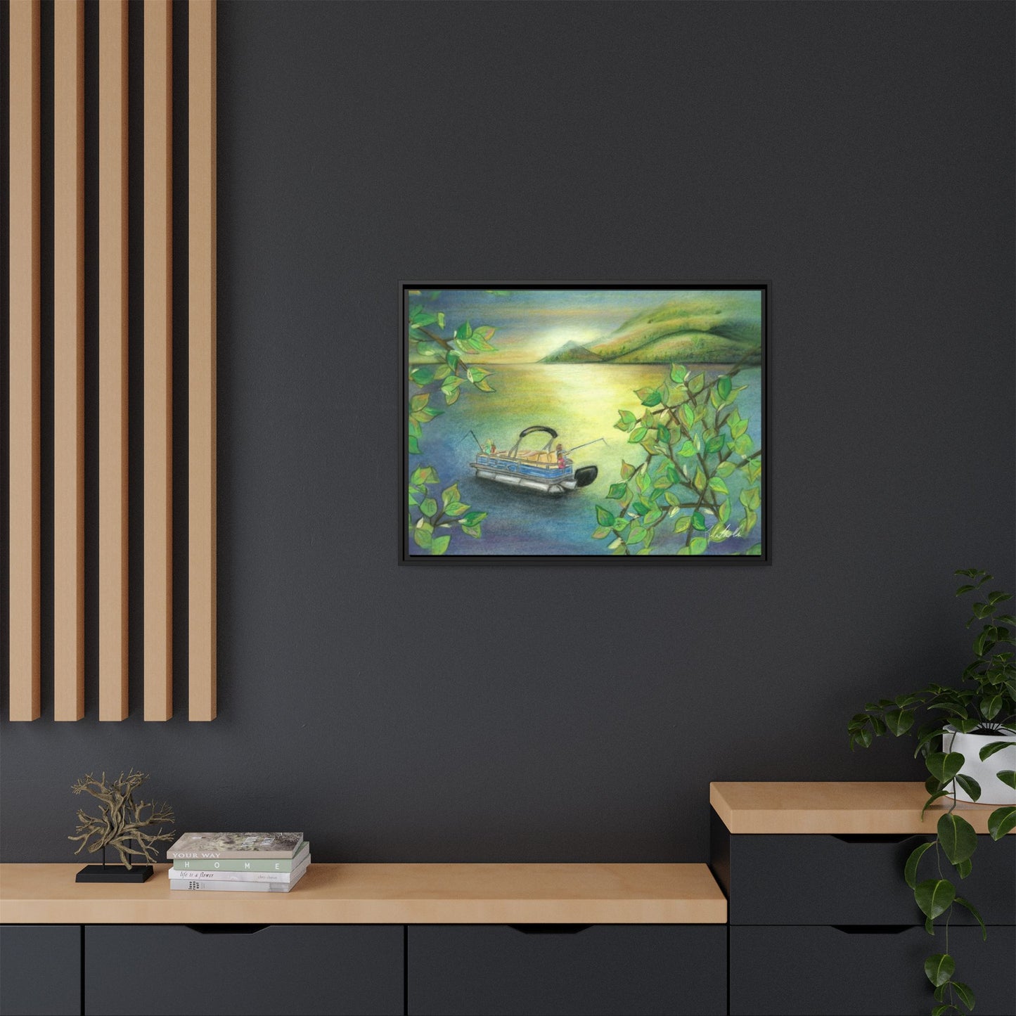 Pontoon Boat on Lake Framed Wall Art