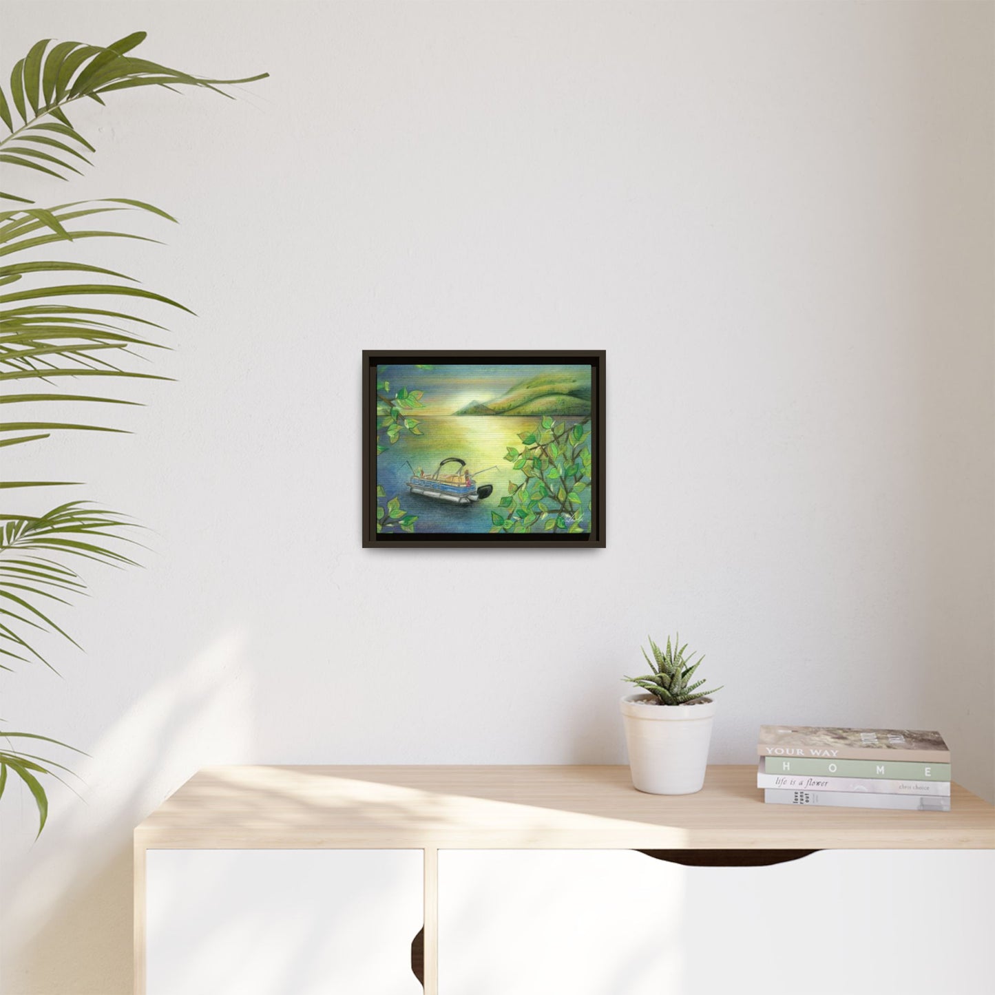 Pontoon Boat on Lake Framed Wall Art