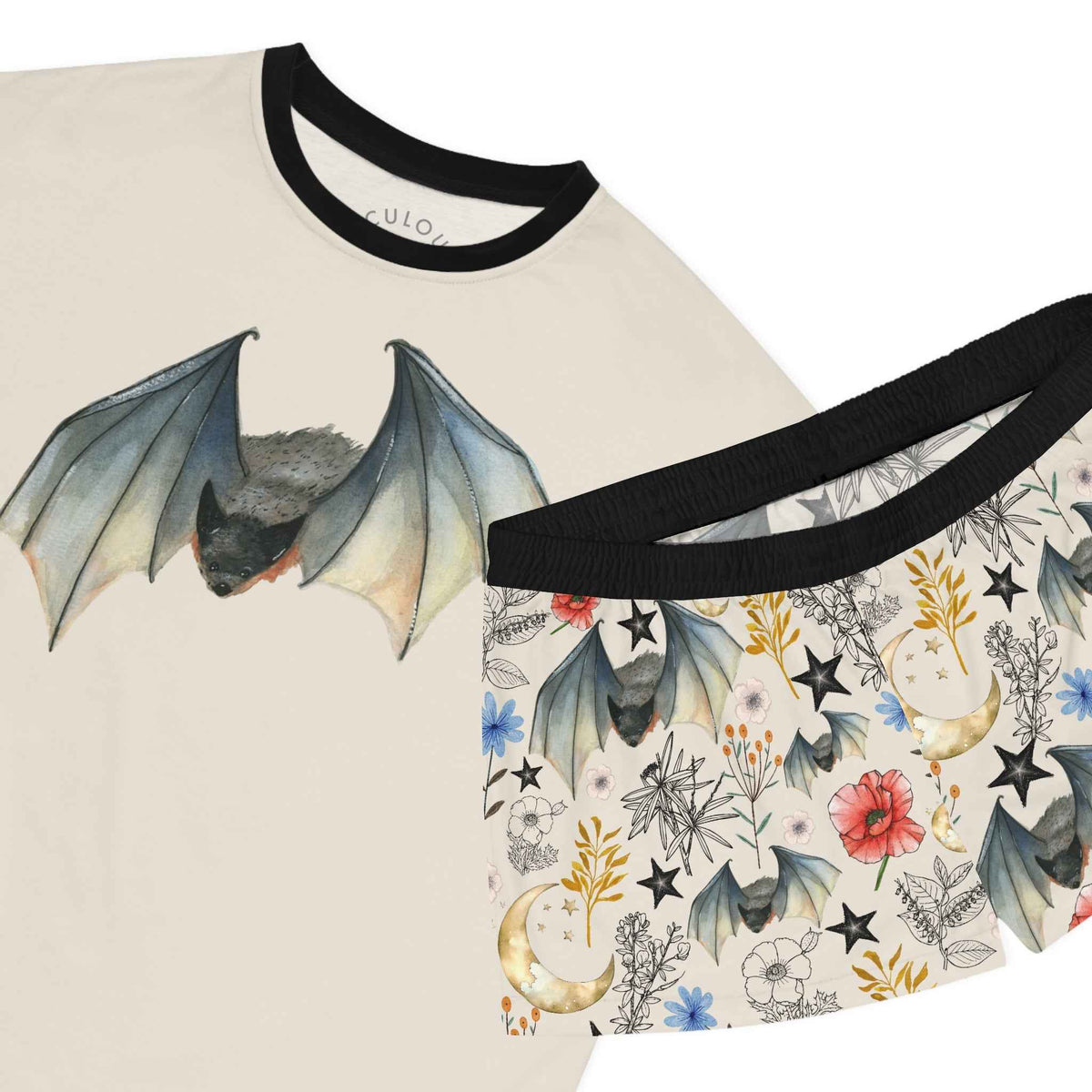 Bat Floral Women's Short Pajama Set — Cute Nightwear with Bat & Floral Print