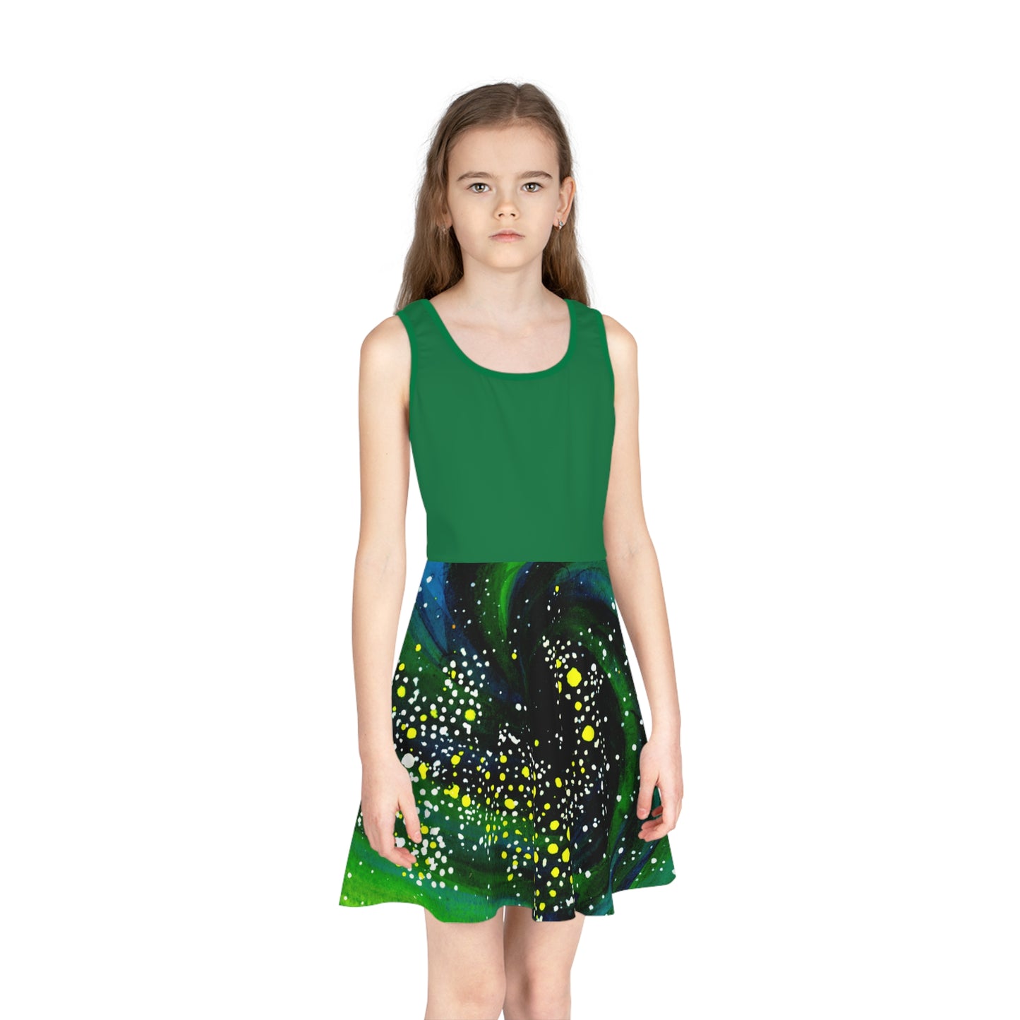 Green Top Spiral Galaxy Girls' Sleeveless Sundress (AOP)