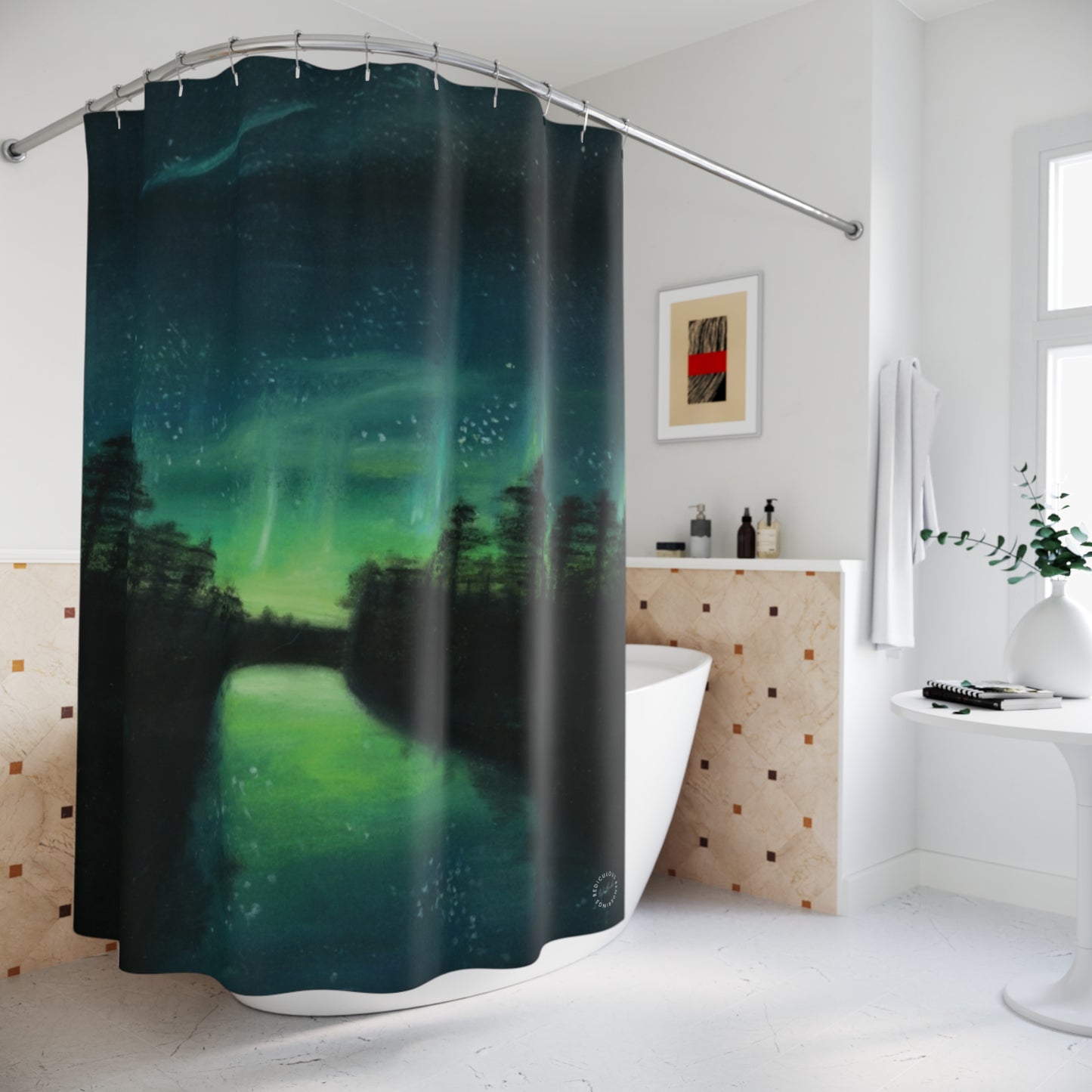 Aurora Forest Shower Curtain — Northern Lights Bathroom Decor