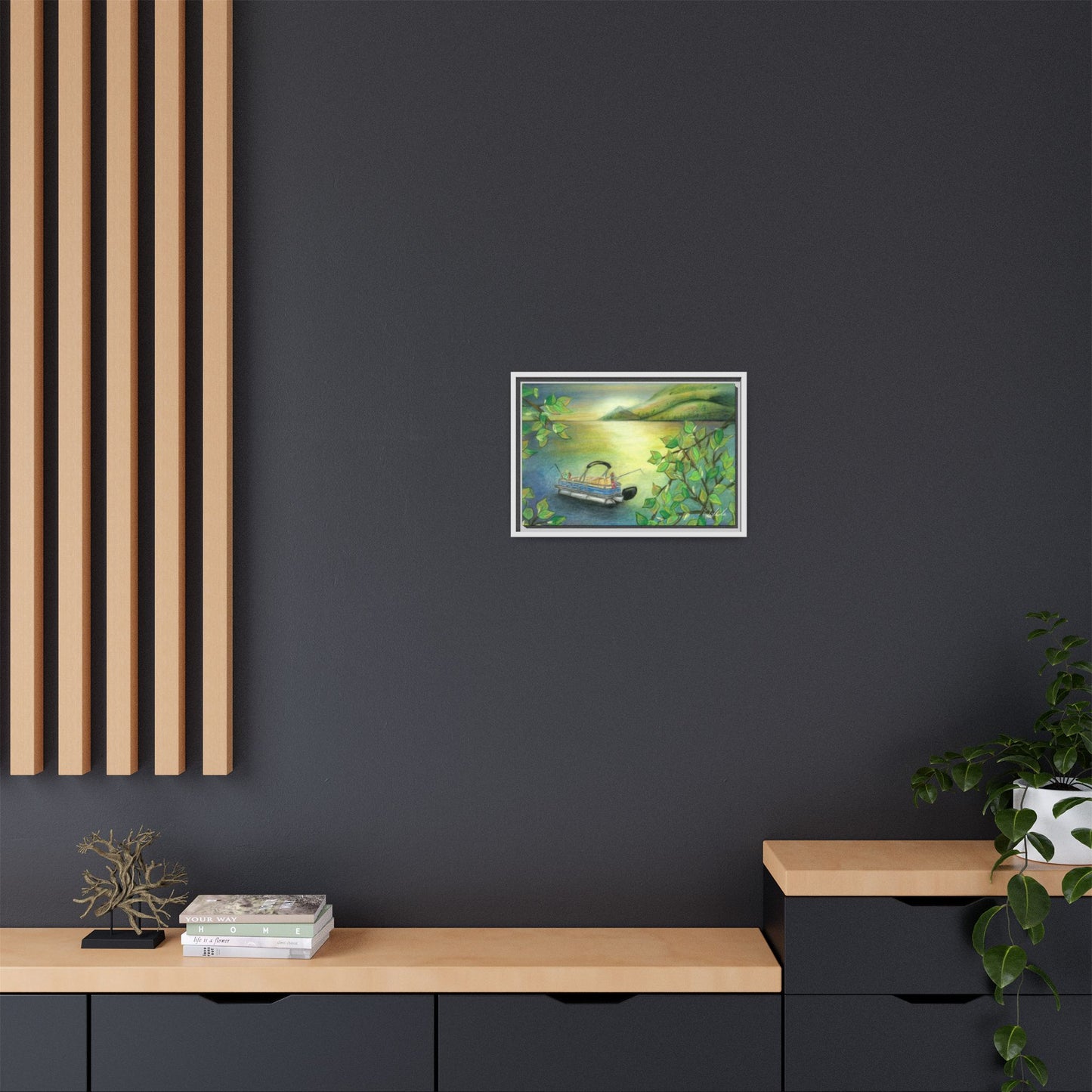 Pontoon Boat on Lake Framed Wall Art