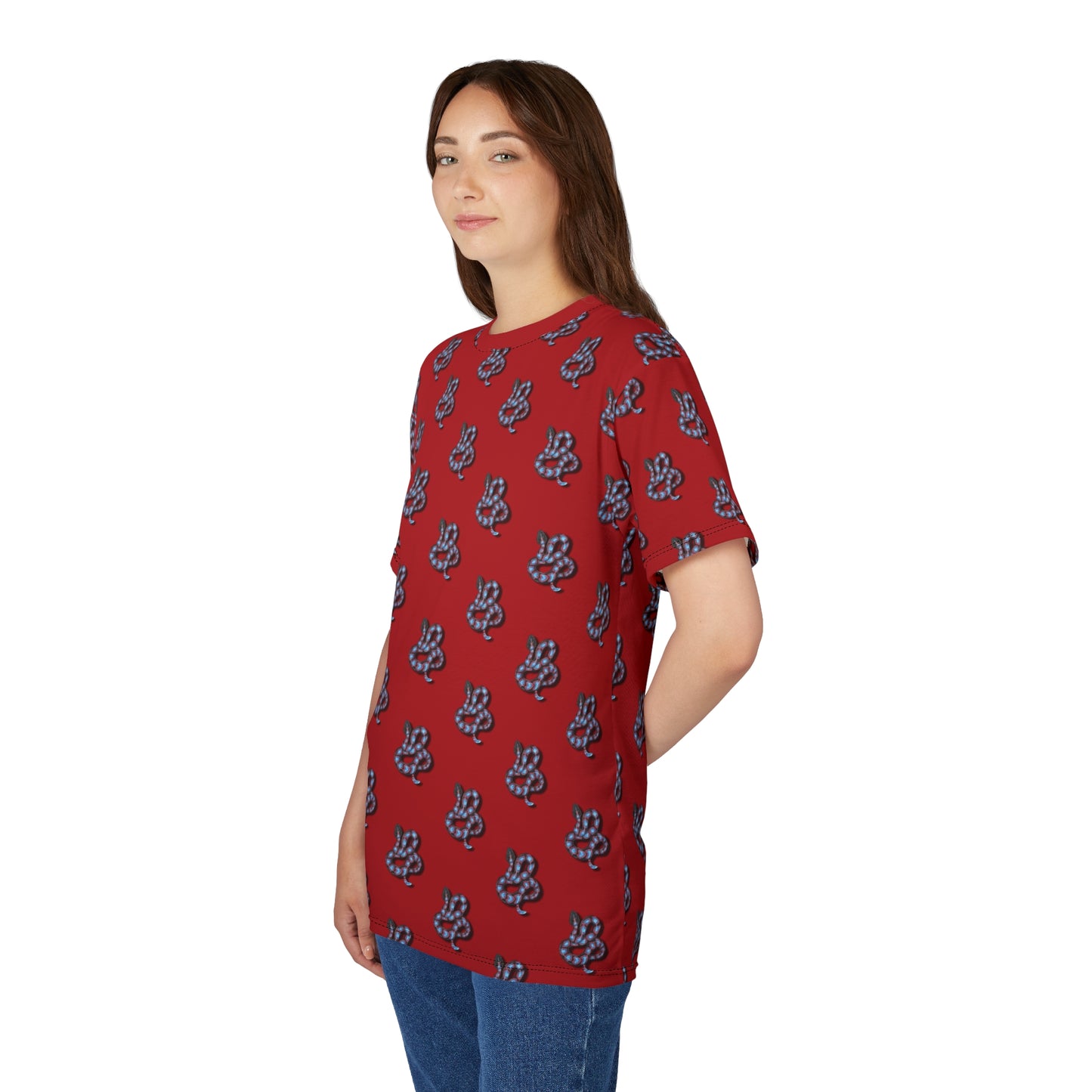 Red Snake Pattern T-Shirt — All-Over Print Casual Tee