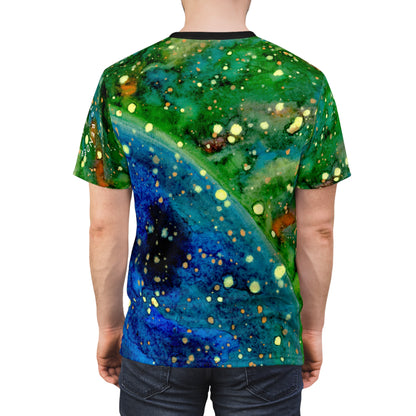 Galaxy Ocean Abstract Tee — Vibrant Blue & Green All-Over Print