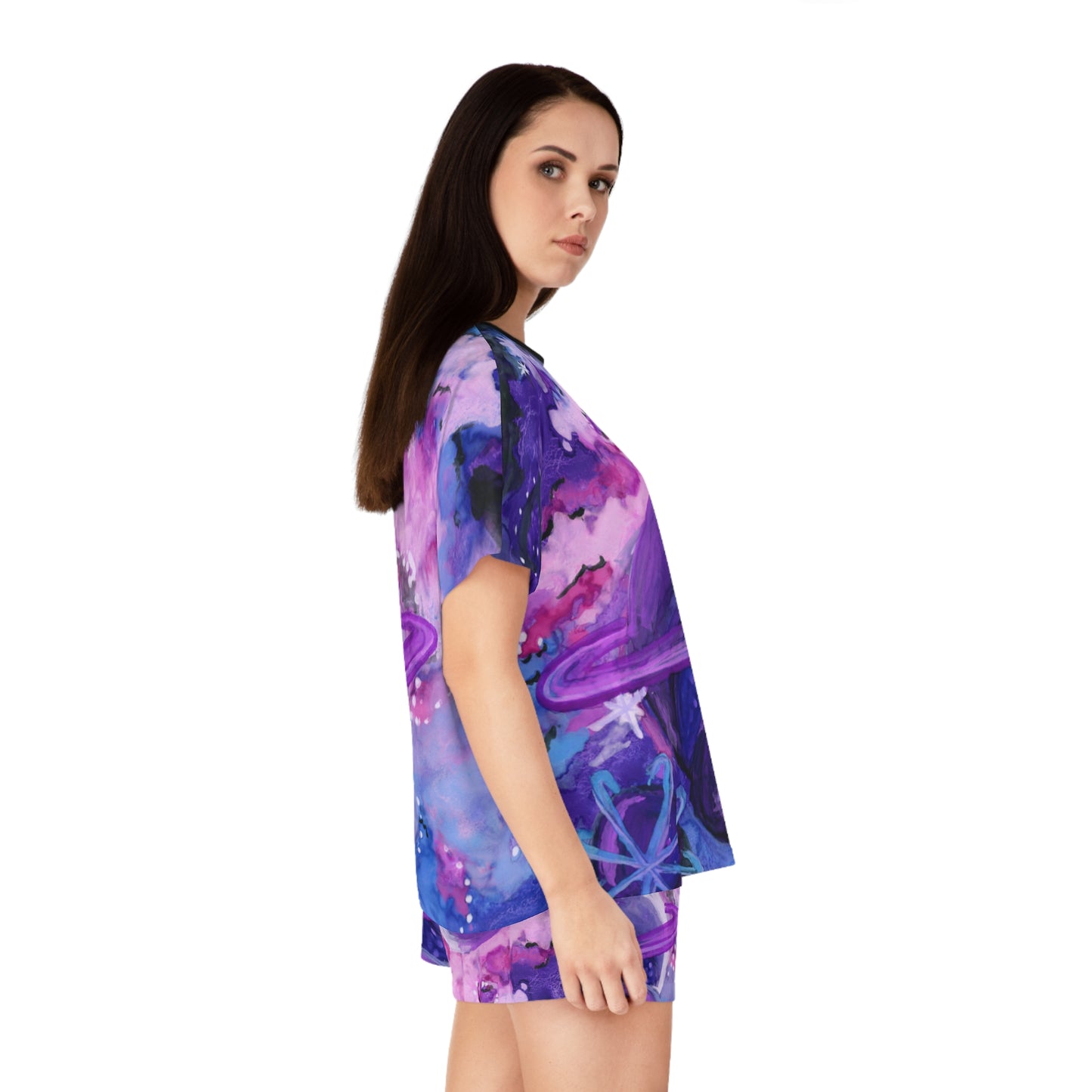 Women's Cosmic Planet Pajama Set – Purple Galaxy Short Sleepwear