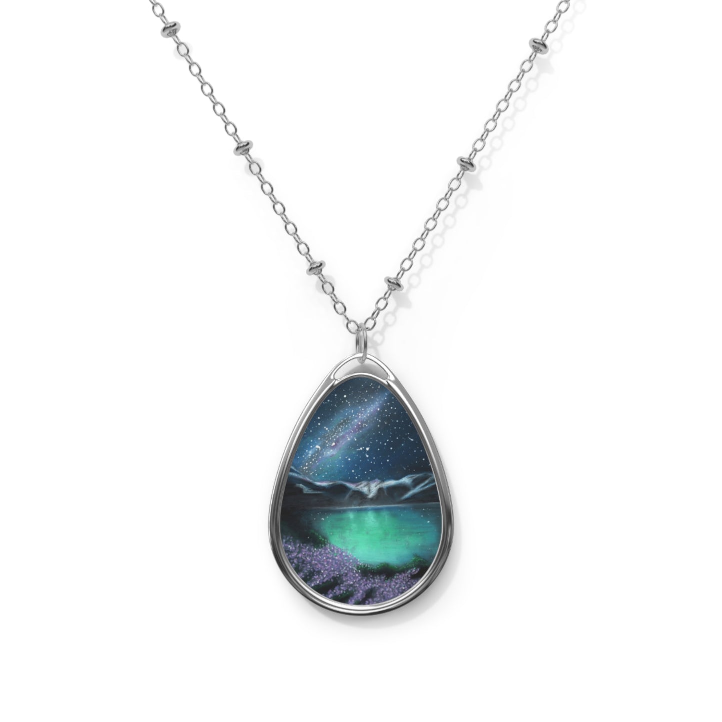 Silver Oval Pendant Necklace with Hand-painted Starry Night Nature Art