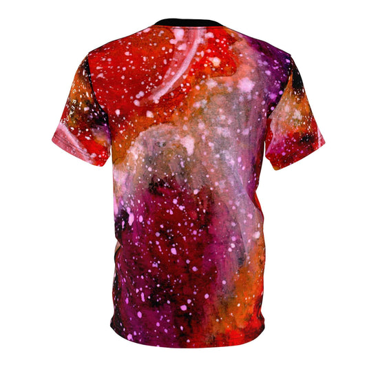 Galaxy Nebula All-Over Print Tee — Red Cosmic Astronaut Silhouette