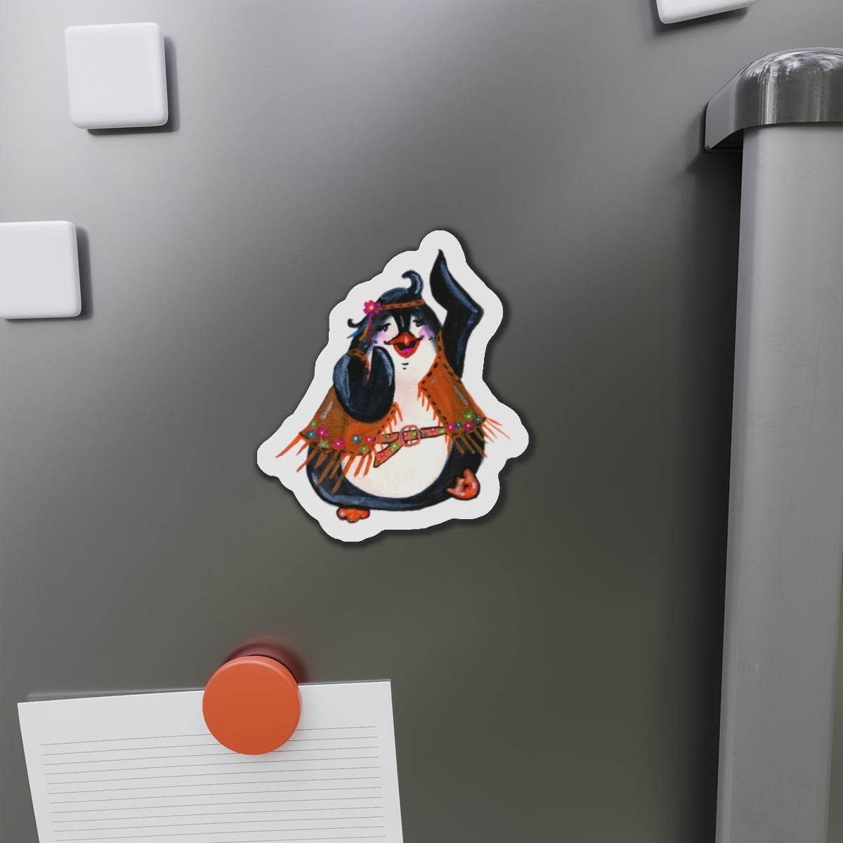 Hippy Penguin Die-Cut Magnets  Custom Shape, 5 Sizes, Vinyl Material for Outdoor Use, Flexible and Durable, Black Backing - Home Decor Refrigerator Magnets