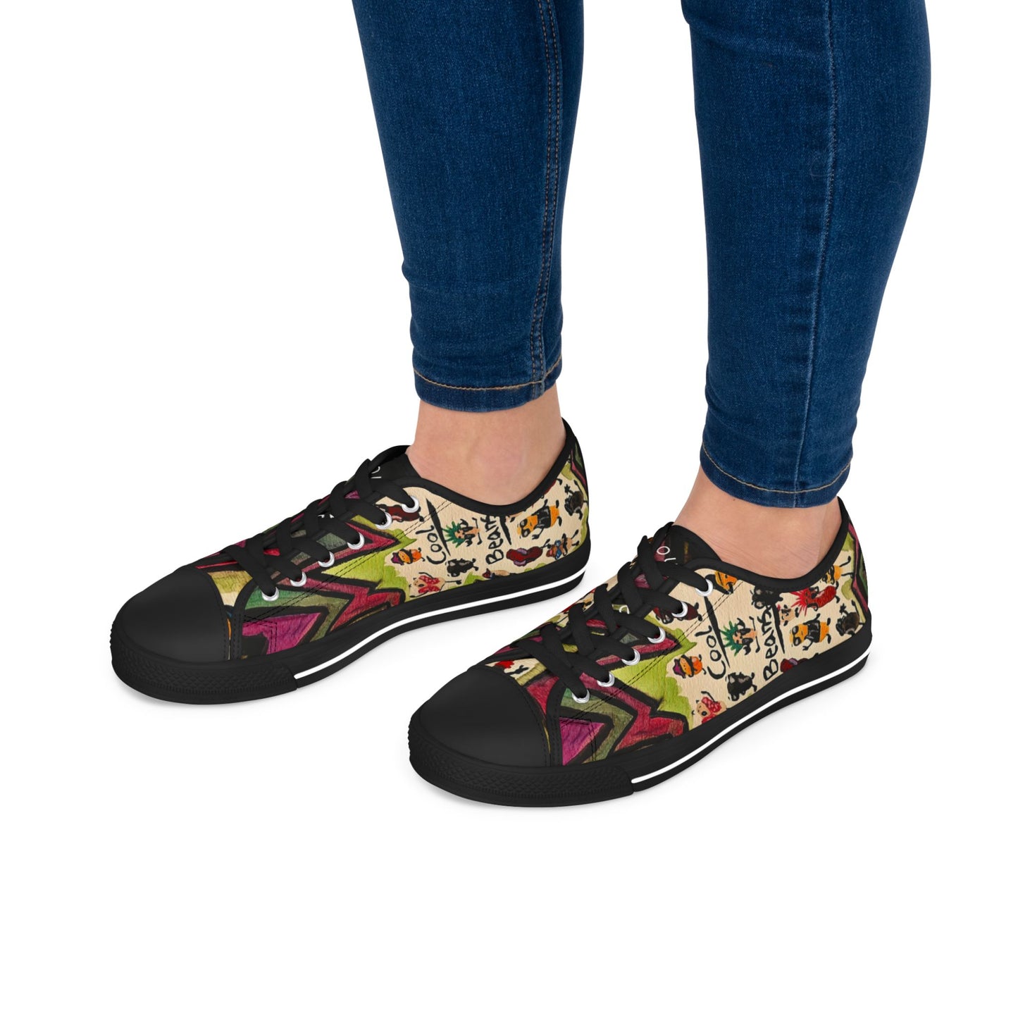 Low Top Sneakers — Colorful Boho Cool Beans Pattern Women's Canvas Shoes