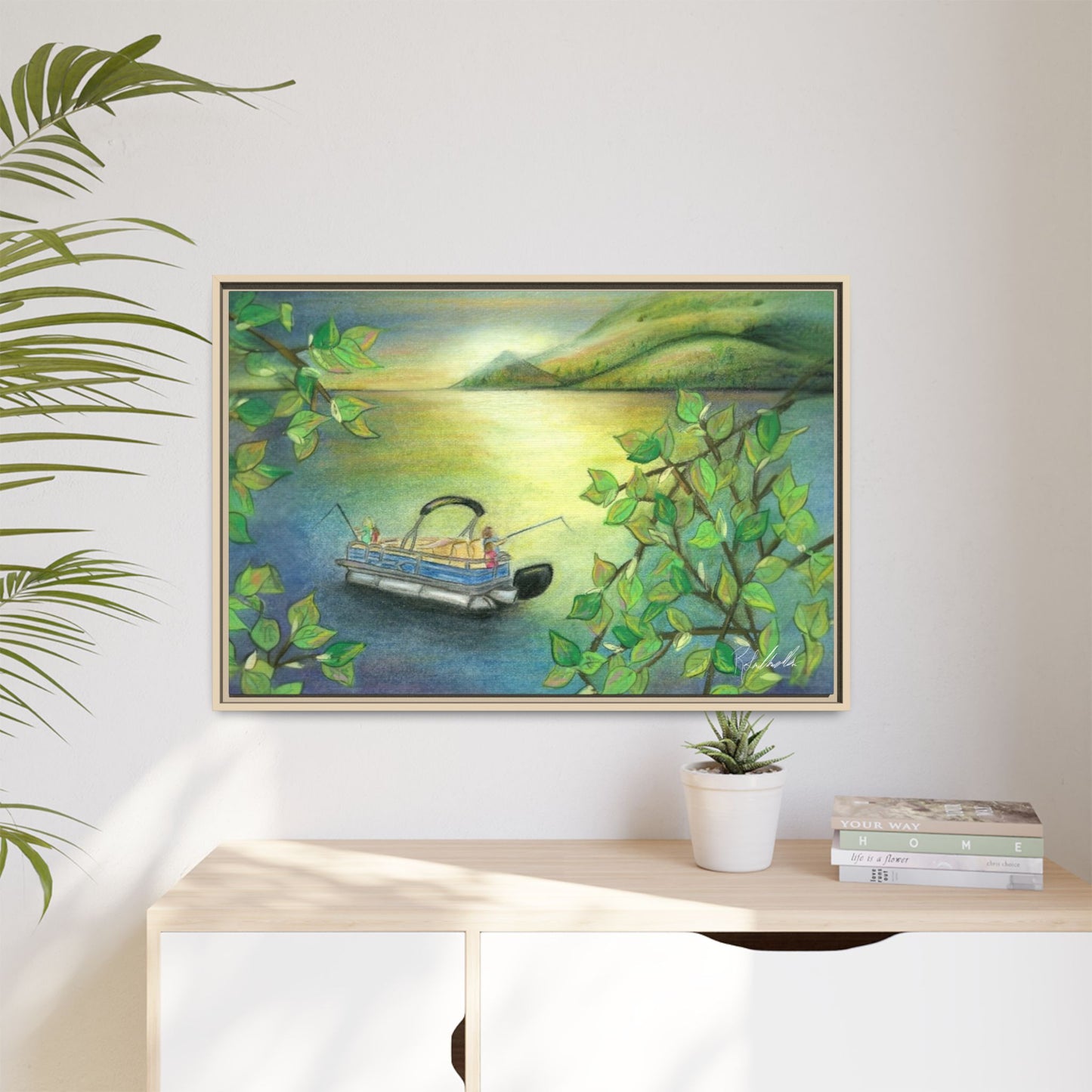 Pontoon Boat on Lake Framed Wall Art