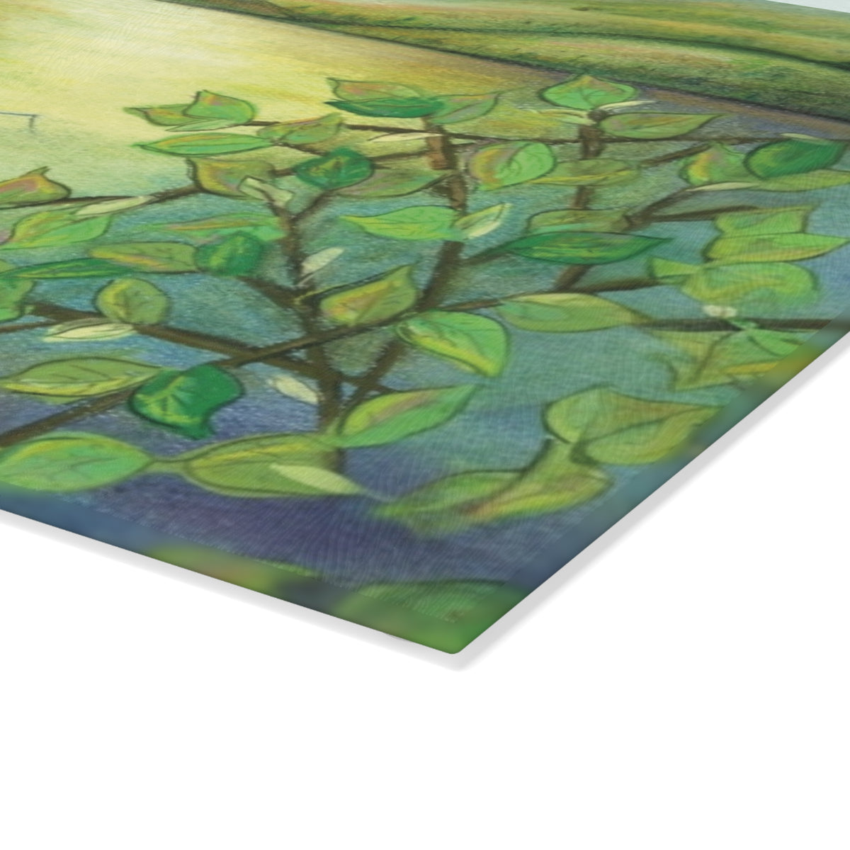 Lakefront Pontoon Glass Cutting Board – Tranquil Boating Kitchen Décor