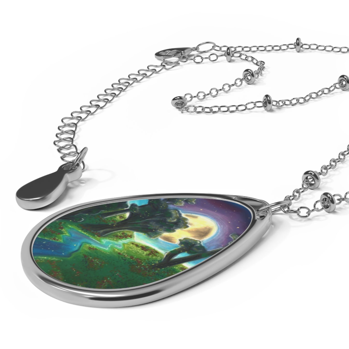 Silver Oval Pendant Necklace with Hand-painted Boho Forest Moon Nature Art