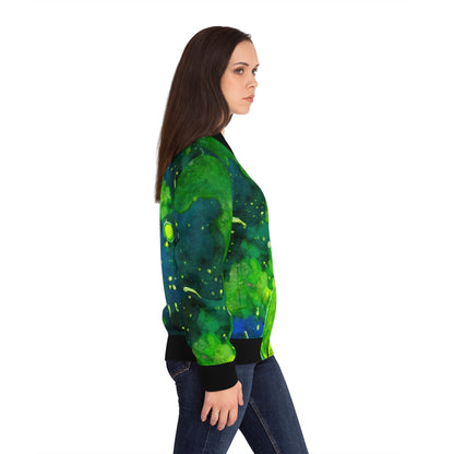 Women's Bomber Jacket — Green Nebula AOP Abstract Watercolor Print