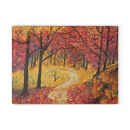 Autumn Forest Glass Cutting Board – Scenic Fall Trees Kitchen Decor