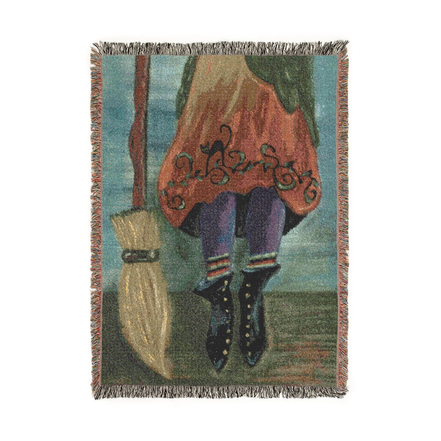 Witch Feet & Broom Woven Blanket — Halloween Boho Throw