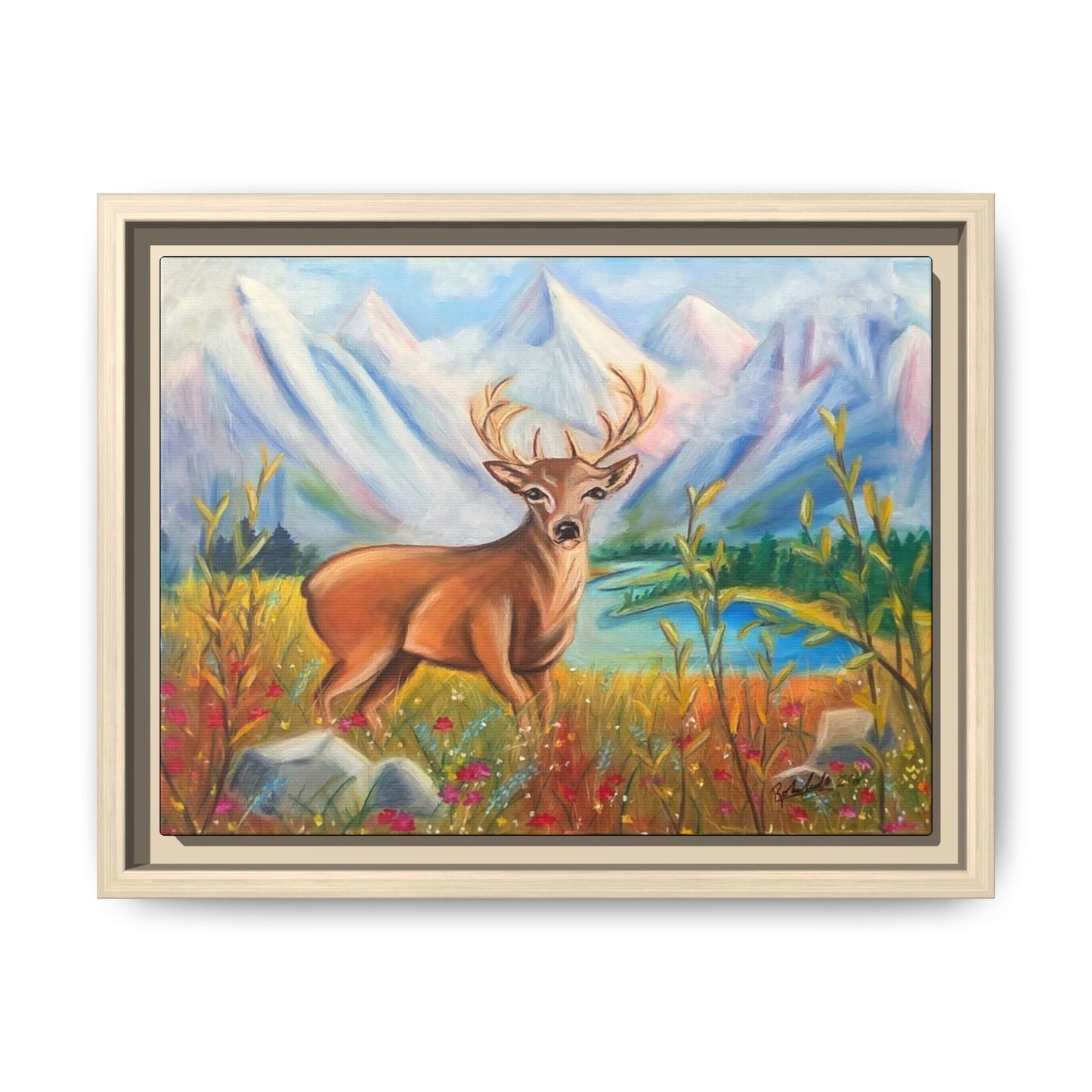 Framed Canvas Wall Art — Majestic Deer in Mountain Meadow
