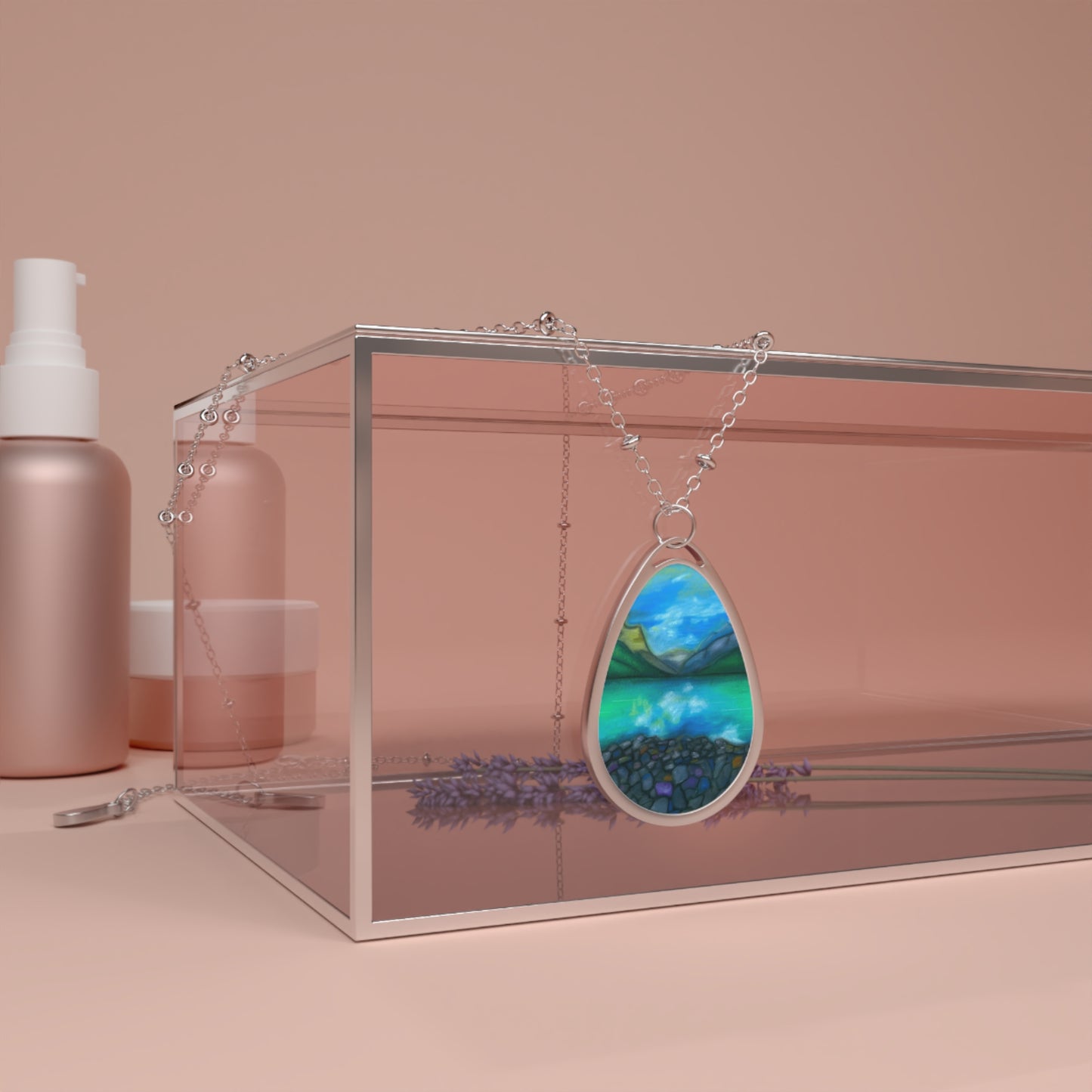 Silver Oval Pendant Necklace with Hand-painted Teal Mountain Lake Nature Art