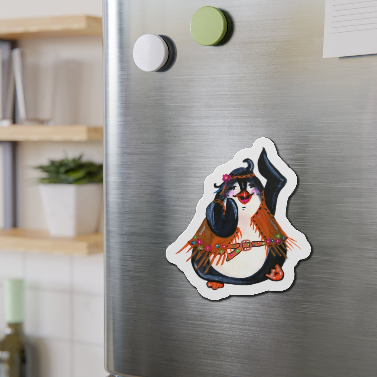 Hippy Penguin Die-Cut Magnets  Custom Shape, 5 Sizes, Vinyl Material for Outdoor Use, Flexible and Durable, Black Backing - Home Decor Refrigerator Magnets