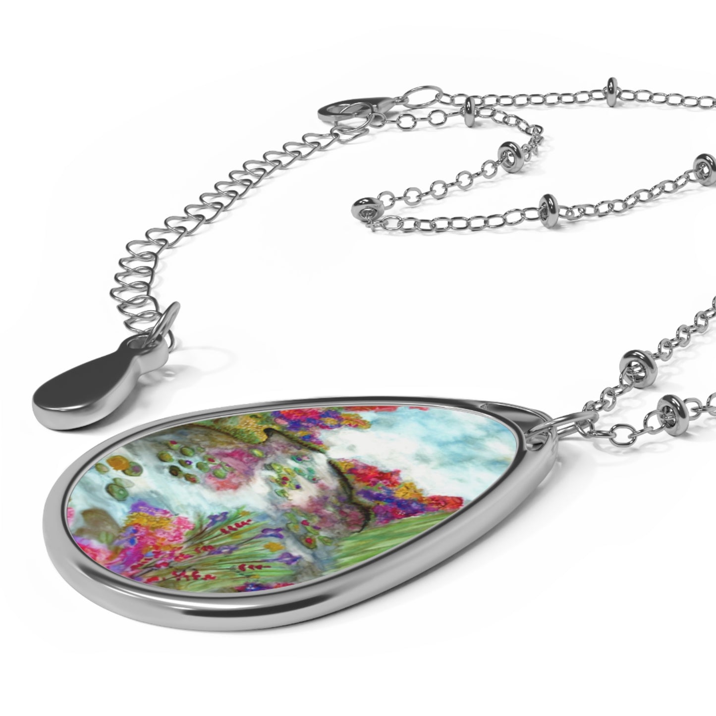 Silver Oval Pendant Necklace with Hand-painted Flowers on the Pond Nature Art