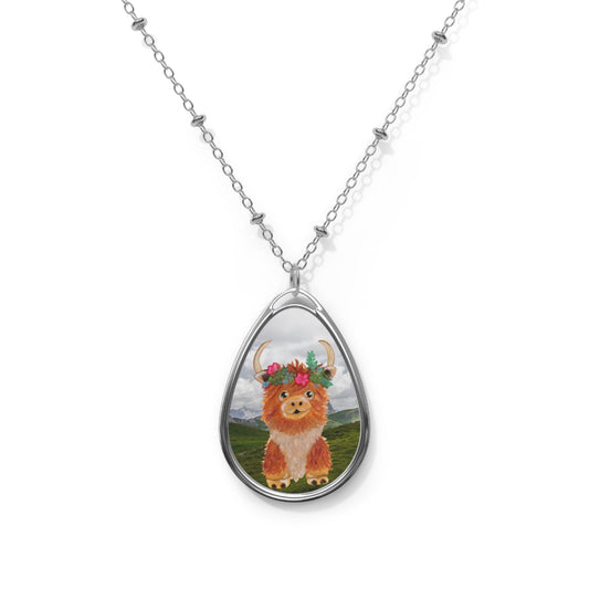 Flowers Highland Cow Oval Necklace