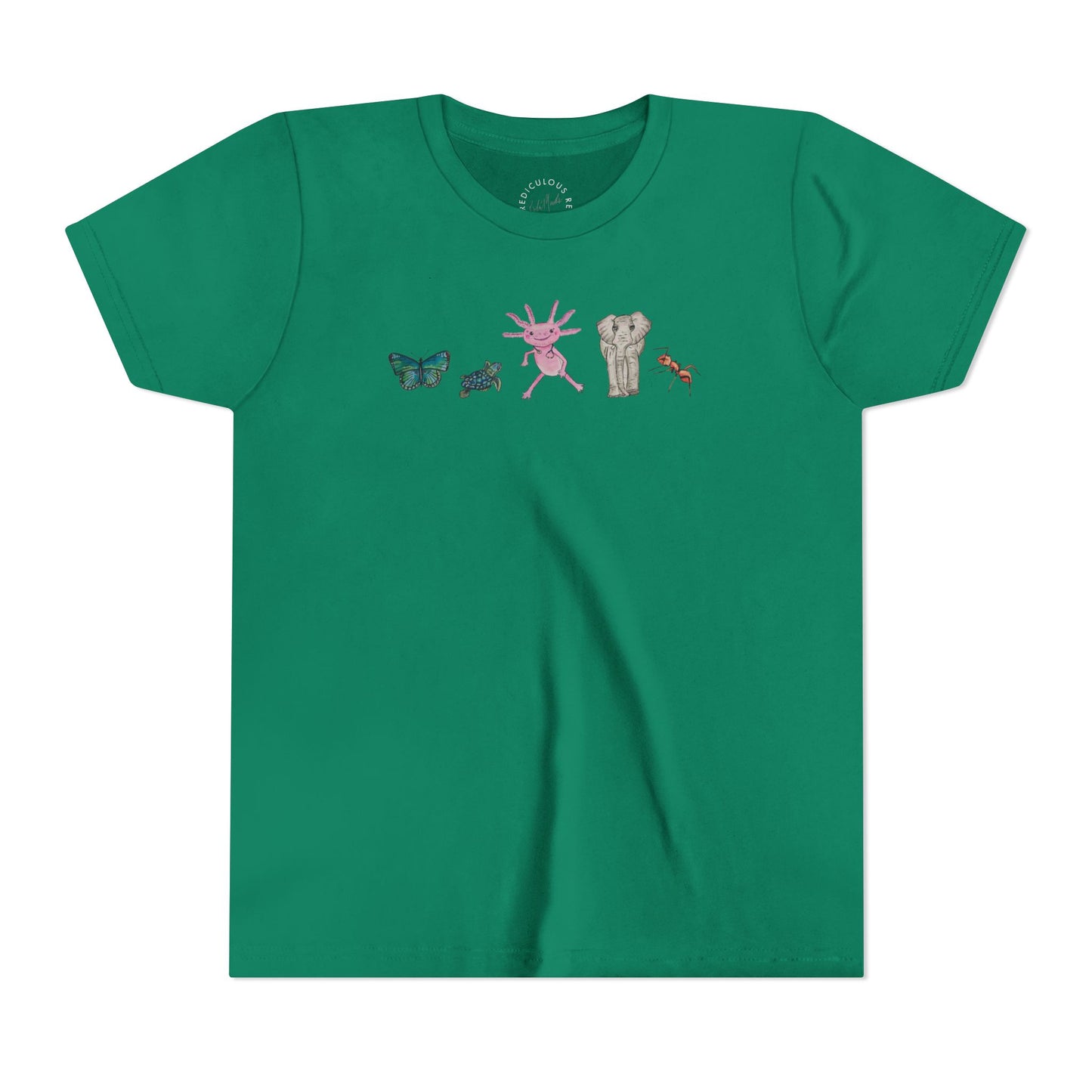 Youth Tee — Whimsical Critters (butterfly, ant, axolotl, elephant)