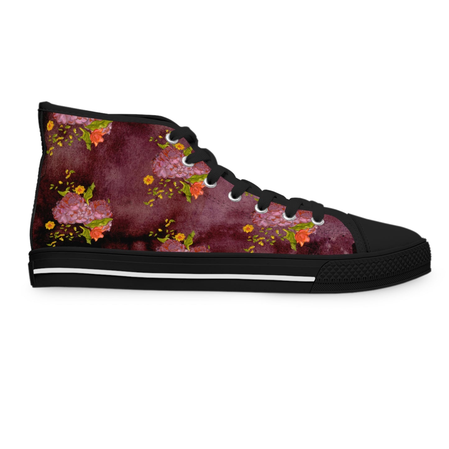 Floral Burgundy High Top Sneakers — Women's Artistic Rose Pattern