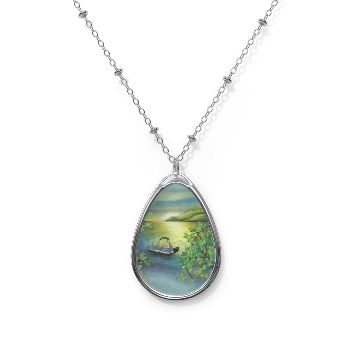 Silver Oval Pendant Necklace with Hand-painted Pontoon Boat on Lake Art