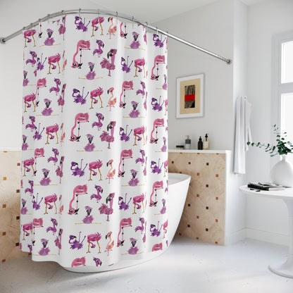 Flamingo Pattern Shower Curtain — Whimsical Pink & Purple Tropical Bath Decor