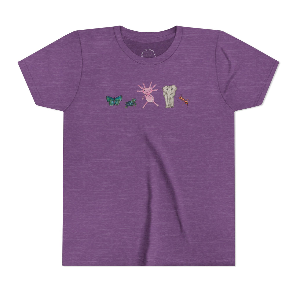 Youth Tee — Whimsical Critters (butterfly, ant, axolotl, elephant)