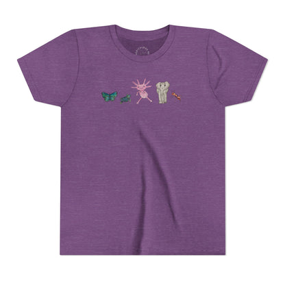 Youth Tee — Whimsical Critters (butterfly, ant, axolotl, elephant)