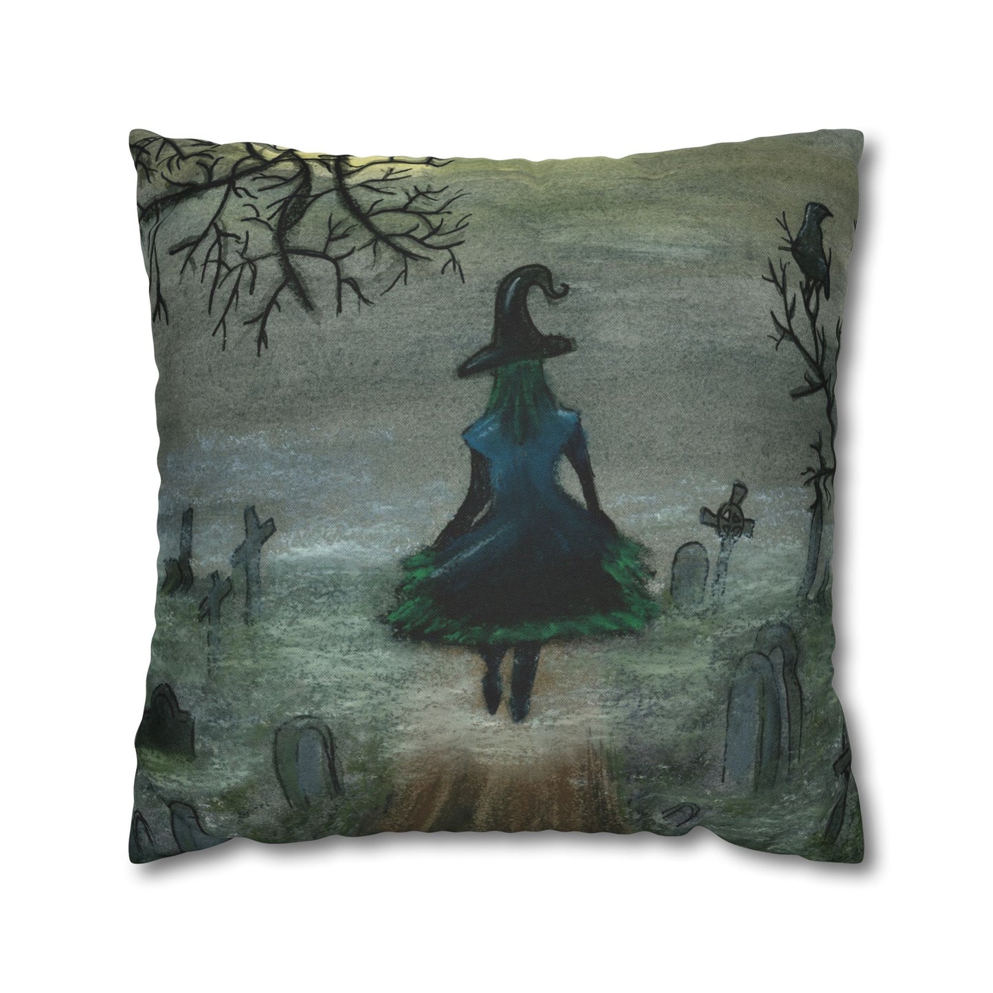 Witch Silhouette Spun Polyester Pillow - Haunted Graveyard Halloween Decor