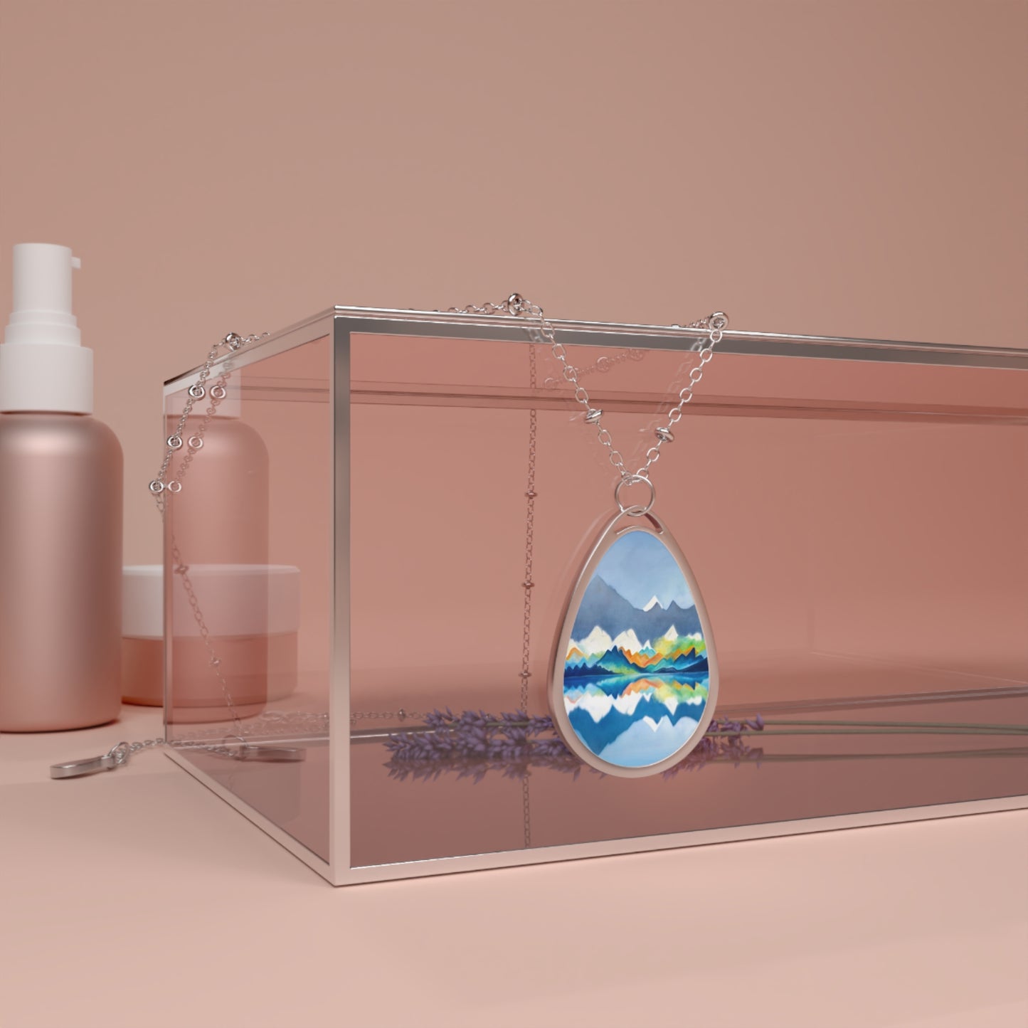 Silver Oval Pendant Necklace with Hand-painted Blue Mountain Range Art