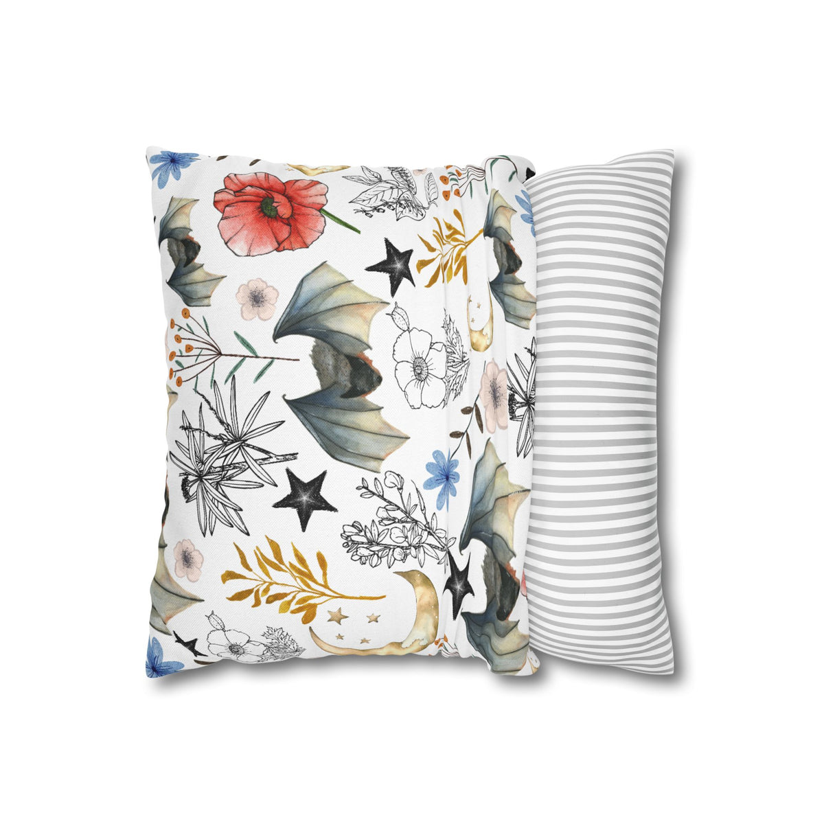 Botanical Night Bat Pillowcase — Floral Moon & Stars Throw Pillow Cover