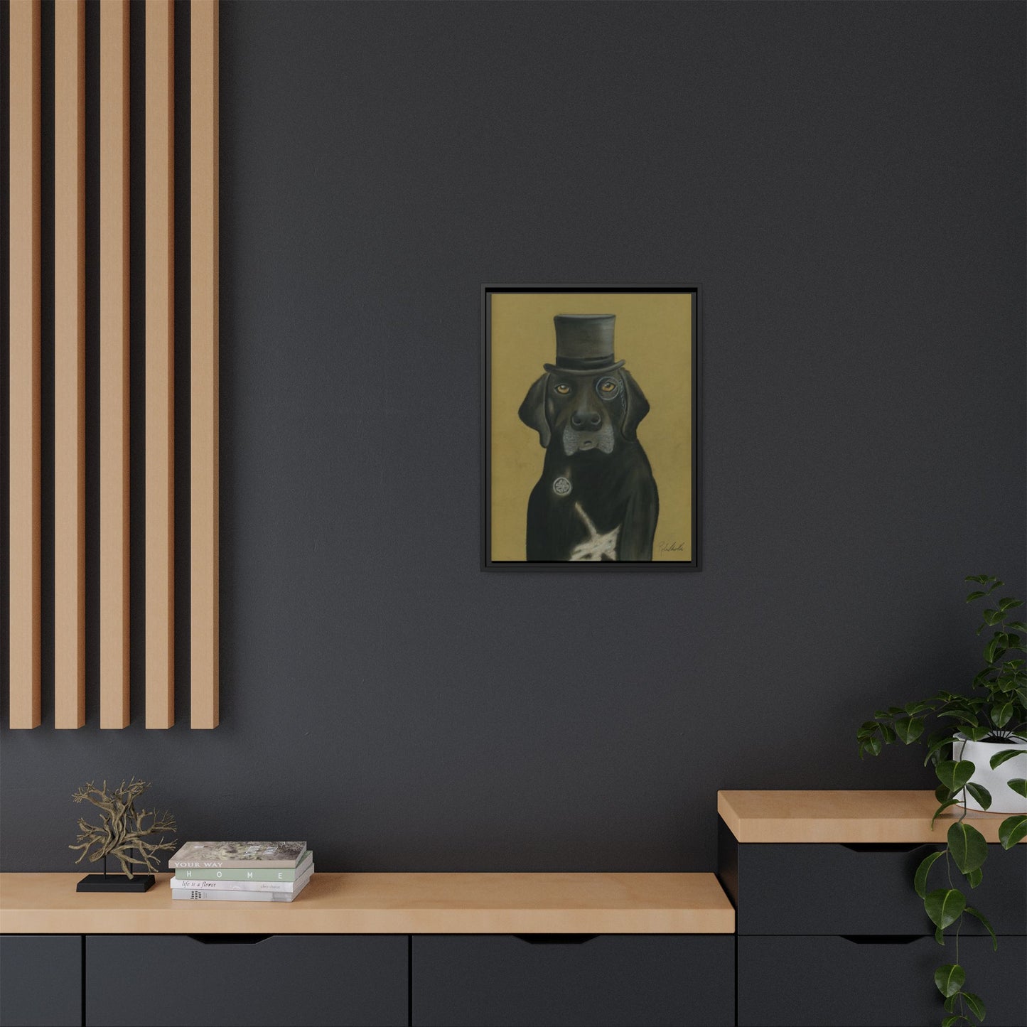 Black Lab Dog in Top Hat Framed Wall Art