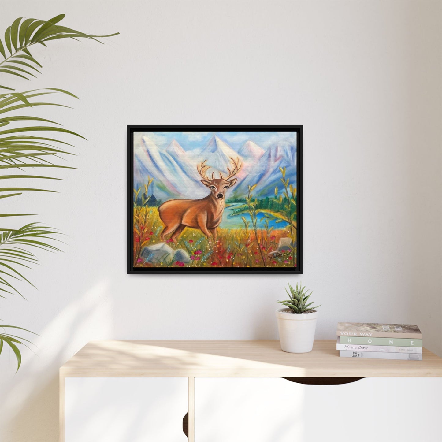 Framed Canvas Wall Art — Majestic Deer in Mountain Meadow