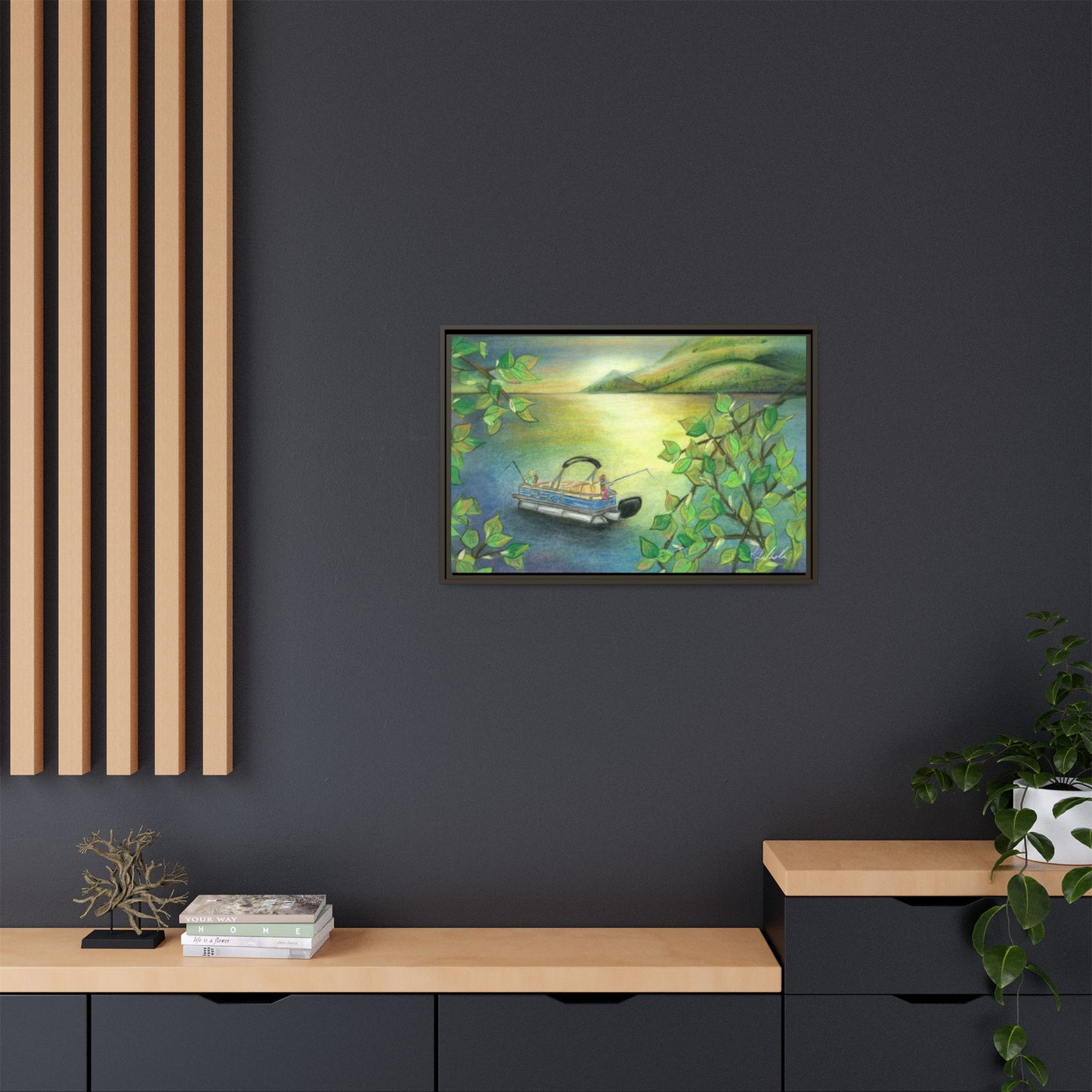 Pontoon Boat on Lake Framed Wall Art