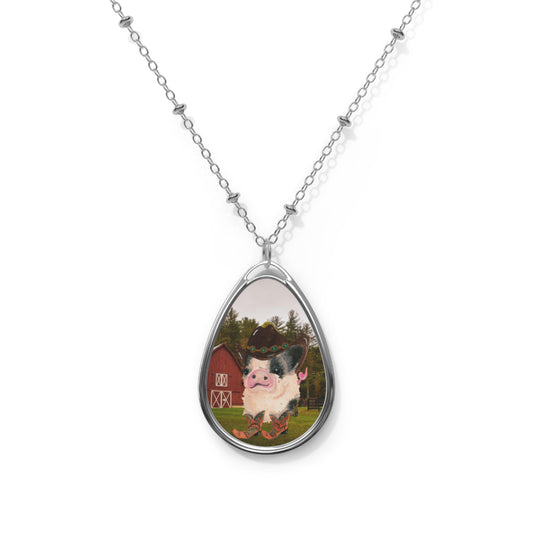 Farm Cowboy Pig Oval Necklace