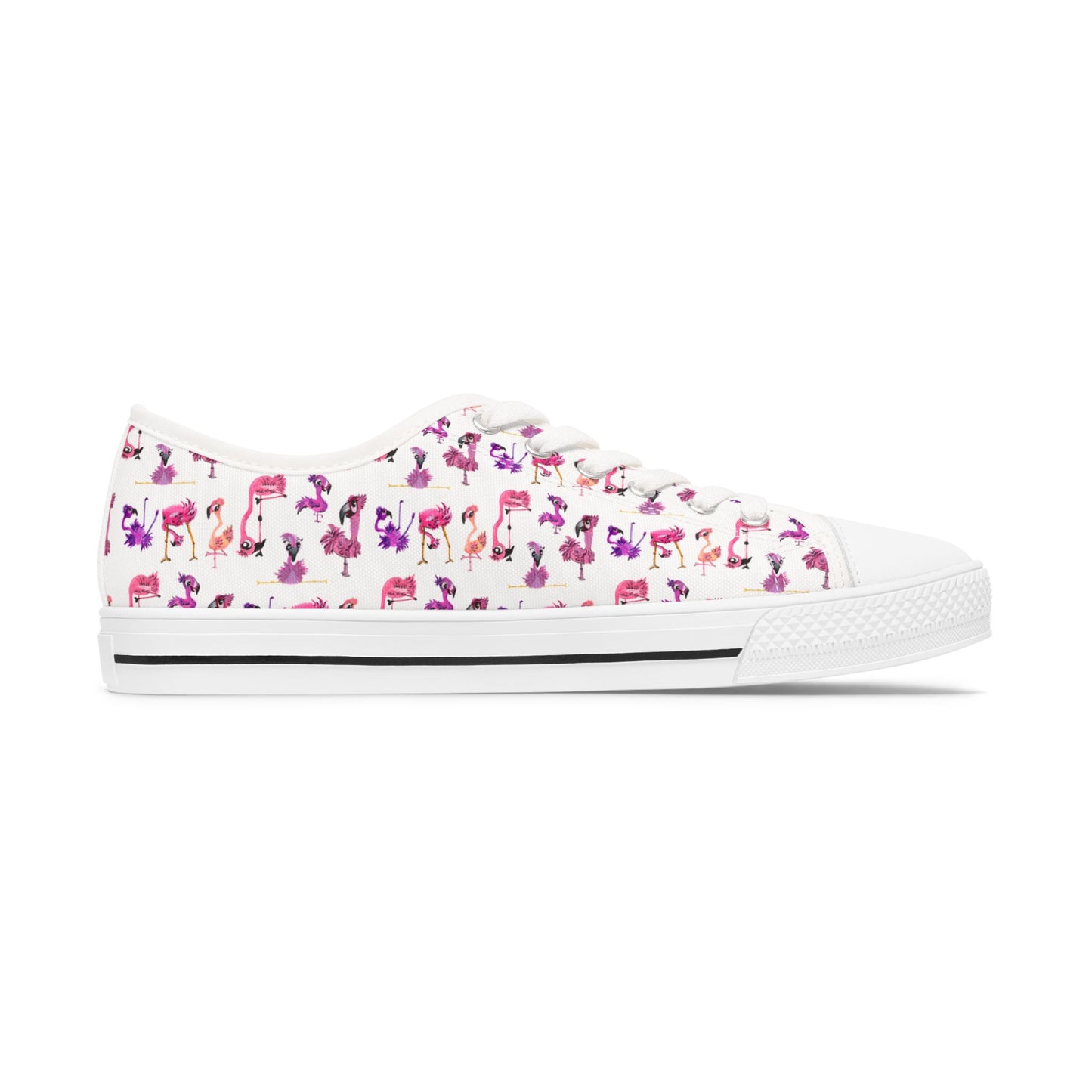 Women's Low Top Sneakers — White Backed Pink Flamingo Pattern Casual Canvas Shoes