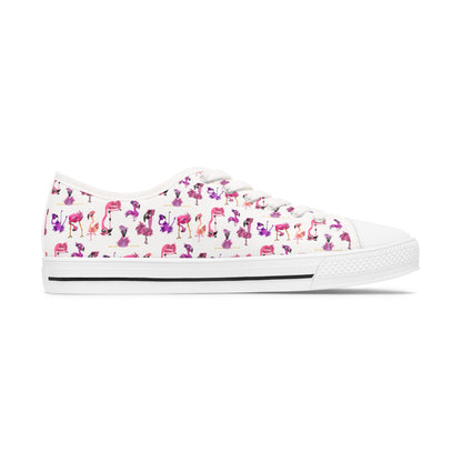 Women's Low Top Sneakers — White Backed Pink Flamingo Pattern Casual Canvas Shoes
