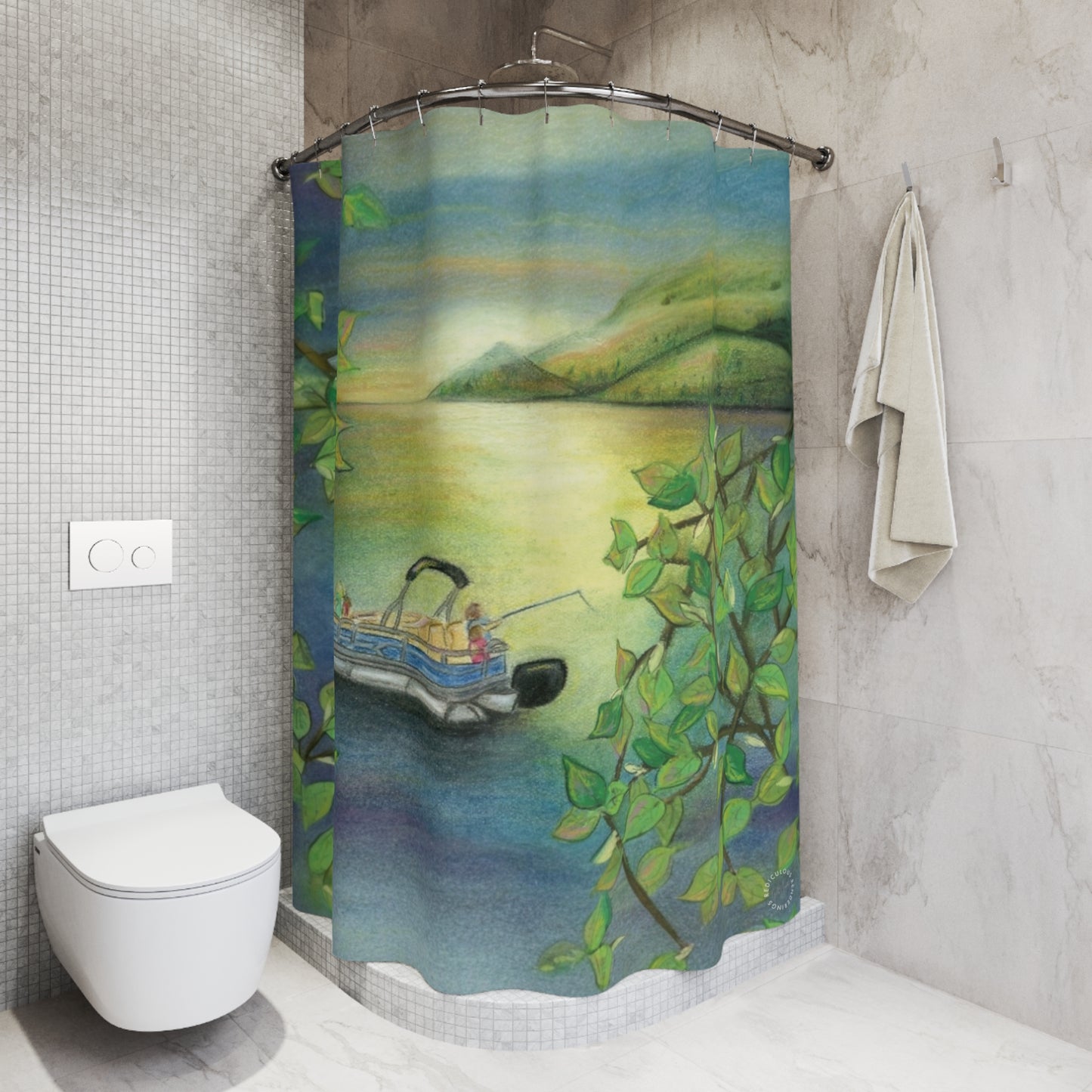 Lakefront Boat Shower Curtain — Peaceful Green Lake Scene Bathroom Decor