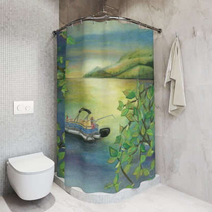 Lakefront Boat Shower Curtain — Peaceful Green Lake Scene Bathroom Decor