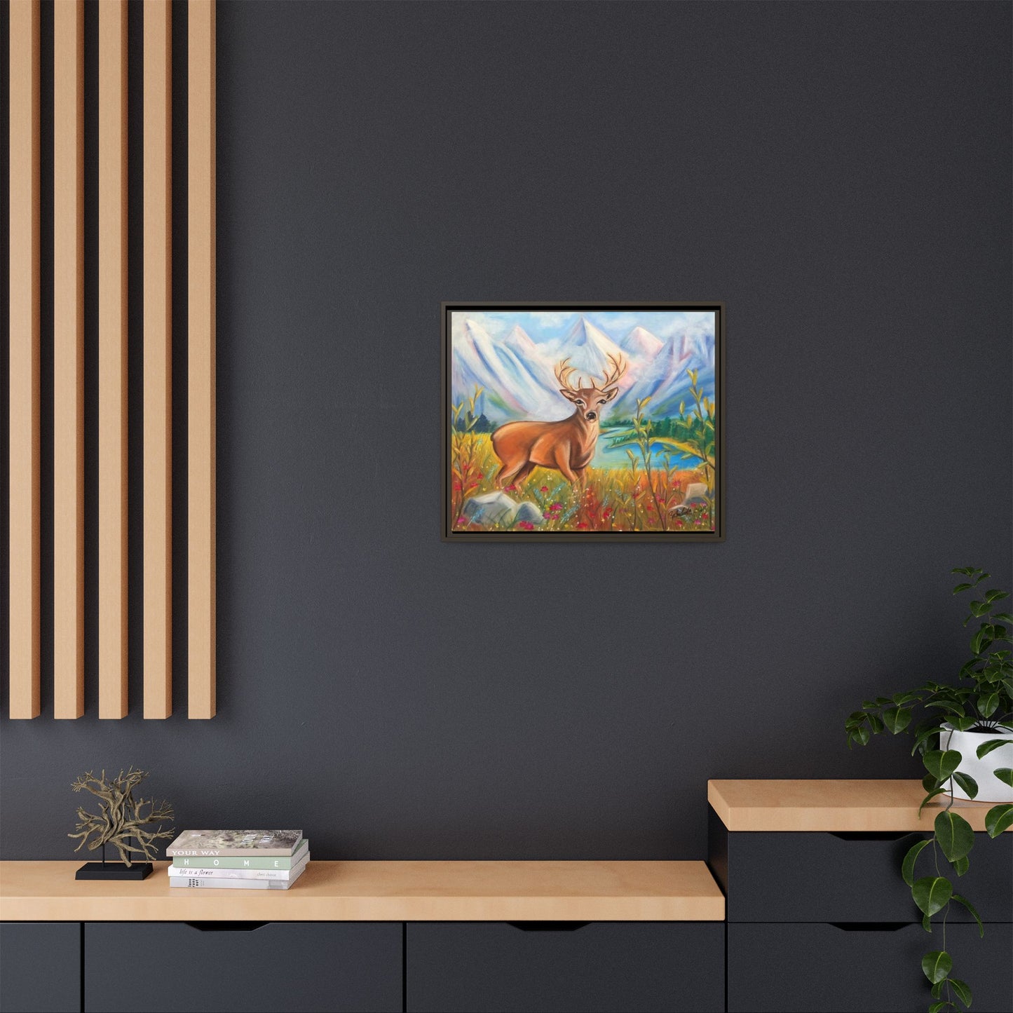 Framed Canvas Wall Art — Majestic Deer in Mountain Meadow